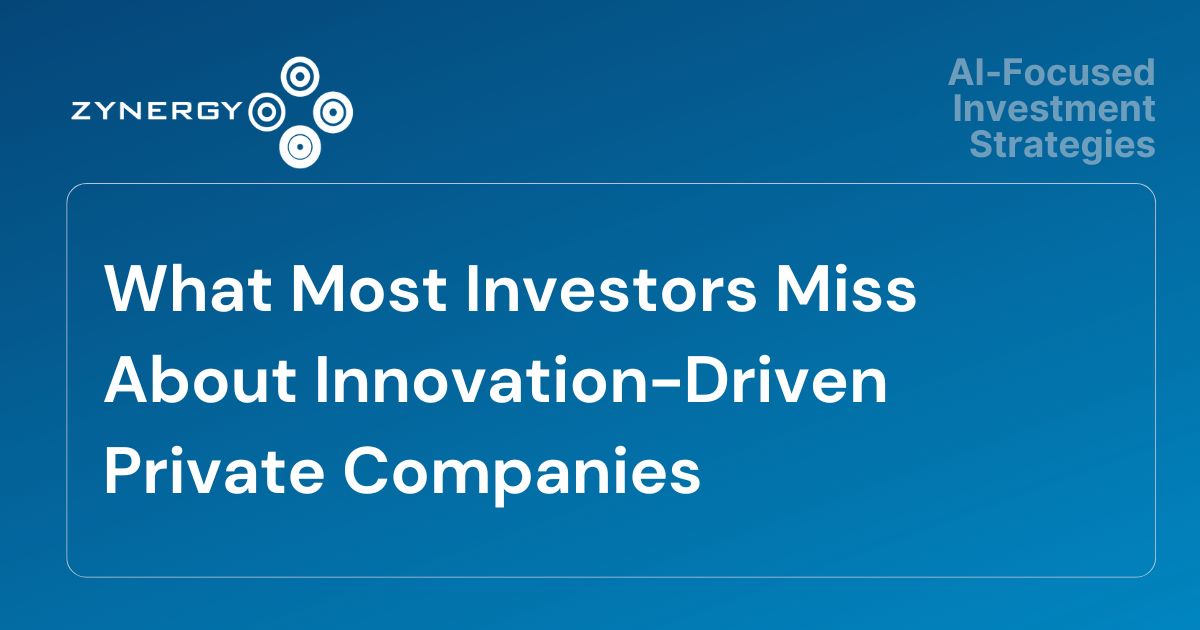 What Most Investors Miss About Innovation Driven Private Companies Zynergy Insights & Perspectives</p> Zynergy Weekly Update: Rethinking the Future of Investment <p> Zynergy is redefining the future of investment through AI innovation, strategic advisory, and next-gen fund design. Discover how our internal tools, internship program, and two com </p>
<p> Read More AI & Emerging Technologies</p> Is Tokenization the Future of Private Equity? Why HNW Investors Should Pay Attention <p> Explore how tokenization is transforming private equity. Discover its potential to reshape investing for high-net-worth individuals and family offices. </p>
<p> Read More Wealth & Legacy Planning</p> Why Visionary Investors Are Choosing Private Partnerships Over Traditional Funds <p> In an investment environment where volatility, overexposure, and institutional constraints threaten returns, a growing cohort of visionary investors is gravitating away from tradit </p>
<p> Read More AI Lab & Incubation Projects</p> Building a Business Investors Want to Fund: The Zynergy Approach <p> Zynergy partners with entrepreneurs to build investable businesses—laying foundations, proving concepts, generating revenue, scaling growth, and attracting smart capital. </p>
<p> Read More Zynergy Insights & Perspectives</p> Navigating Tomorrow: CEO Insights – AI is Just Getting Started <p> Navigating Tomorrow: CEO Insights - AI is Just Getting Started 📈 by James Zimbardi </p>
<p> Read More Get Zynergy's Ideas & Insights
Please enable JavaScript in your browser to complete this form.Name *FirstLastEmail *Name Submit